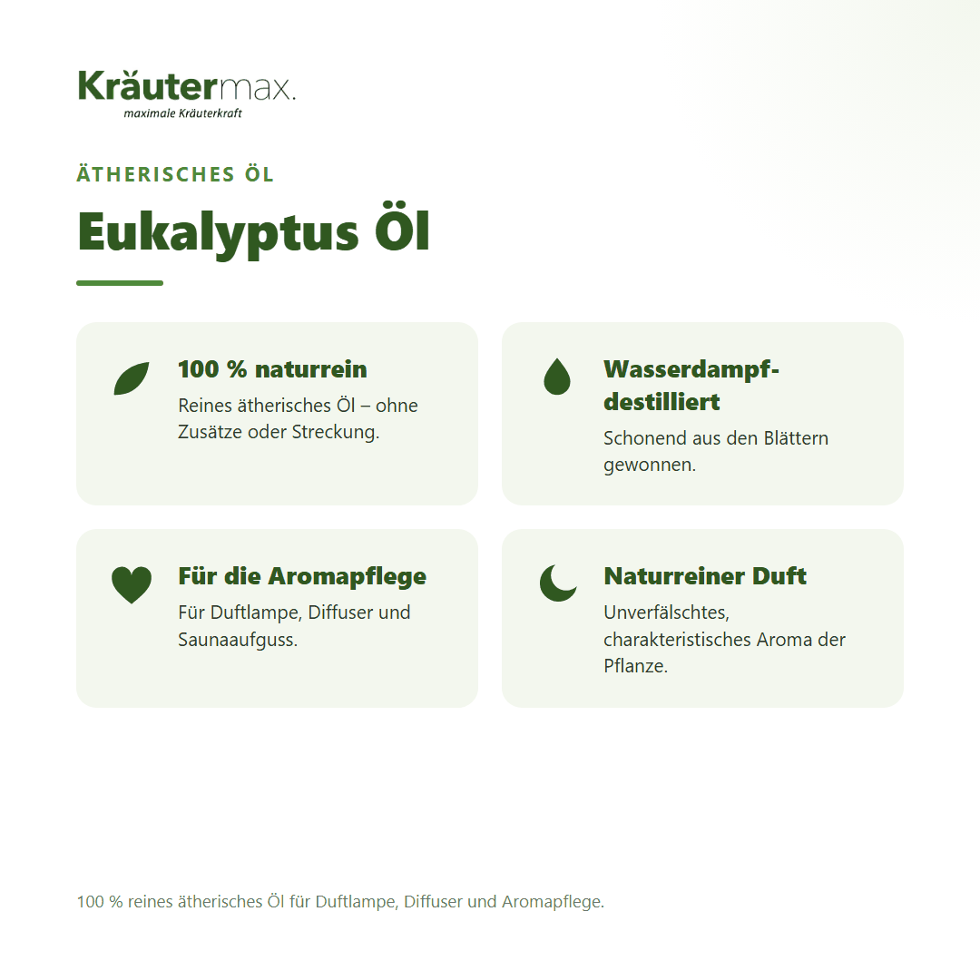 Eukalyptus Öl von Kräutermax – Überblick: 100 % reines ätherisches Öl für die Aromapflege