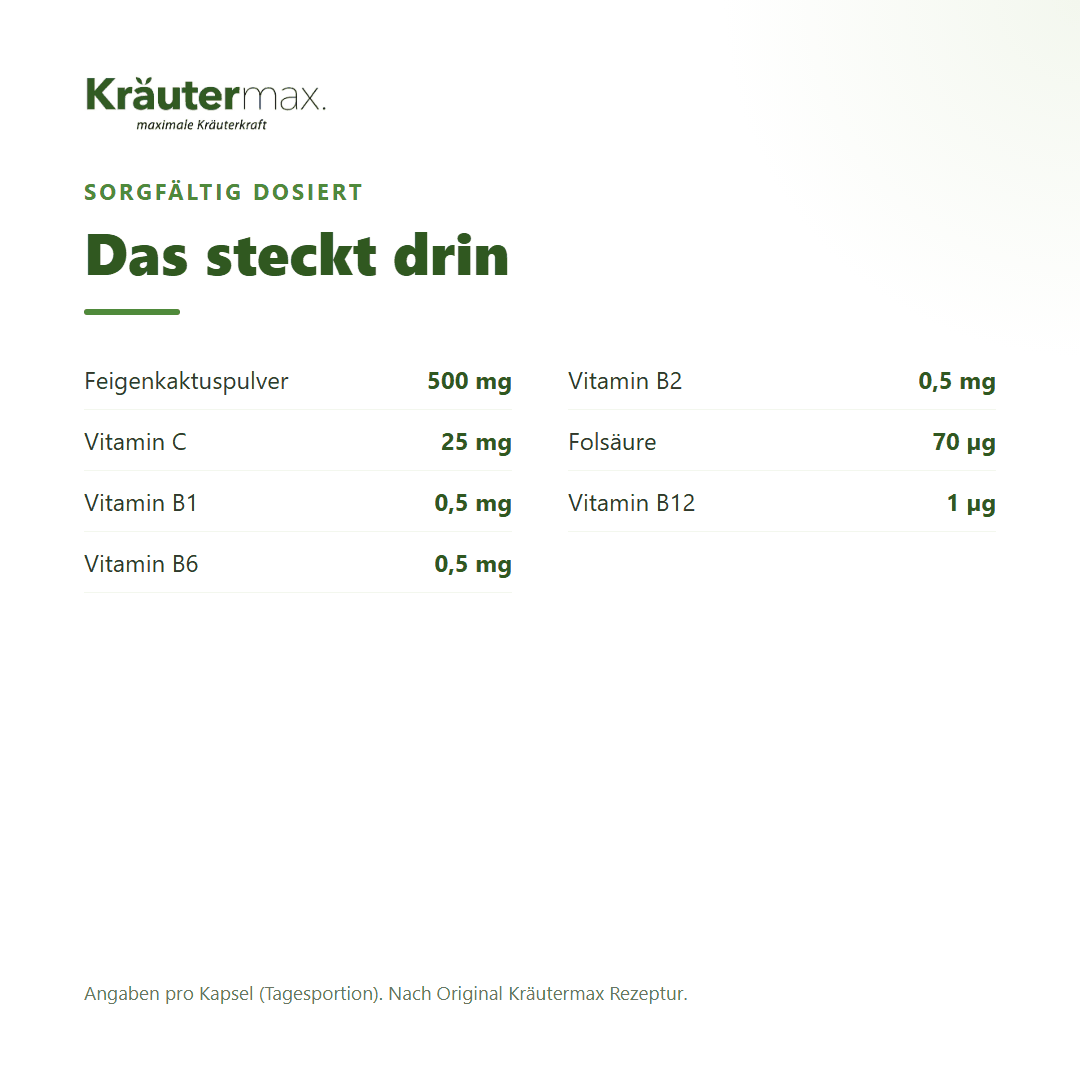 Feigenkaktus Kapseln – 500 mg Feigenkaktuspulver mit Vitamin C, B1, B2, B6, B12 und Folsäure pro Kapsel | Kräutermax