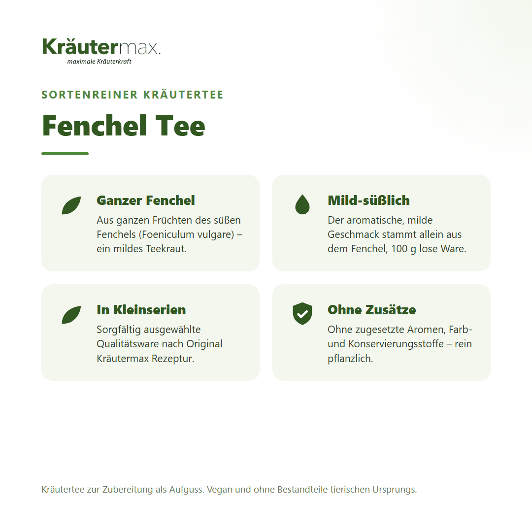 Fenchel Tee von Kräutermax – sortenreiner Kräutertee aus ganzen Früchten des süßen Fenchels (Foeniculum vulgare), 100 g
