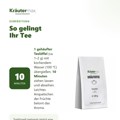 Zubereitung des Fenchel Tees: 1 gehäufter Teelöffel mit kochendem Wasser übergießen, 10 Minuten ziehen lassen, Früchte leicht anquetschen