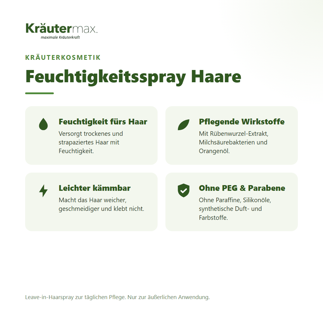 Feuchtigkeitsspray für die Haare von Kräutermax – Überblick: leichte Haarpflege für trockenes Haar, 125 ml