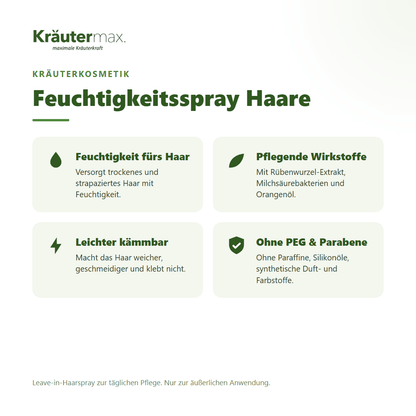 Feuchtigkeitsspray für die Haare von Kräutermax – Überblick: leichte Haarpflege für trockenes Haar, 125 ml