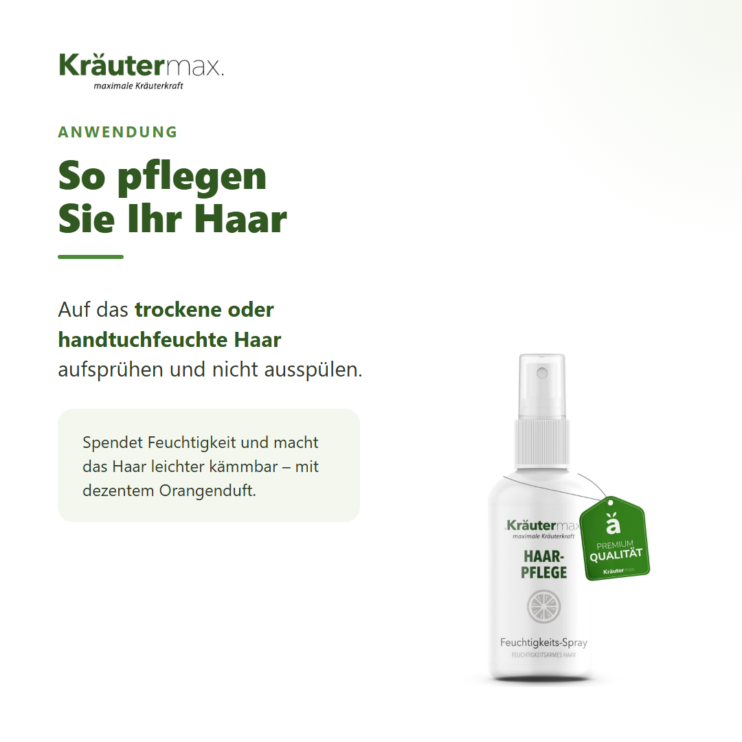 Feuchtigkeitsspray Haare – Anwendung: auf trockenes oder handtuchfeuchtes Haar aufsprühen, nicht ausspülen