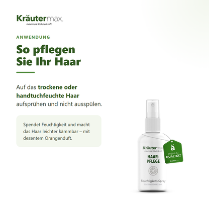 Feuchtigkeitsspray Haare – Anwendung: auf trockenes oder handtuchfeuchtes Haar aufsprühen, nicht ausspülen