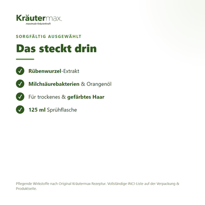 Feuchtigkeitsspray Haare – Inhaltsstoffe: Rübenwurzel-Extrakt, Milchsäurebakterien, Orangenöl, 125 ml Sprühflasche