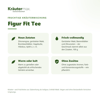 Figur Fit Tee von Kräutermax – fruchtige Kräutermischung mit Zitronengras, geröstetem Maté, Beerenblättern, Hagebutte und Hibiskus, 100 g