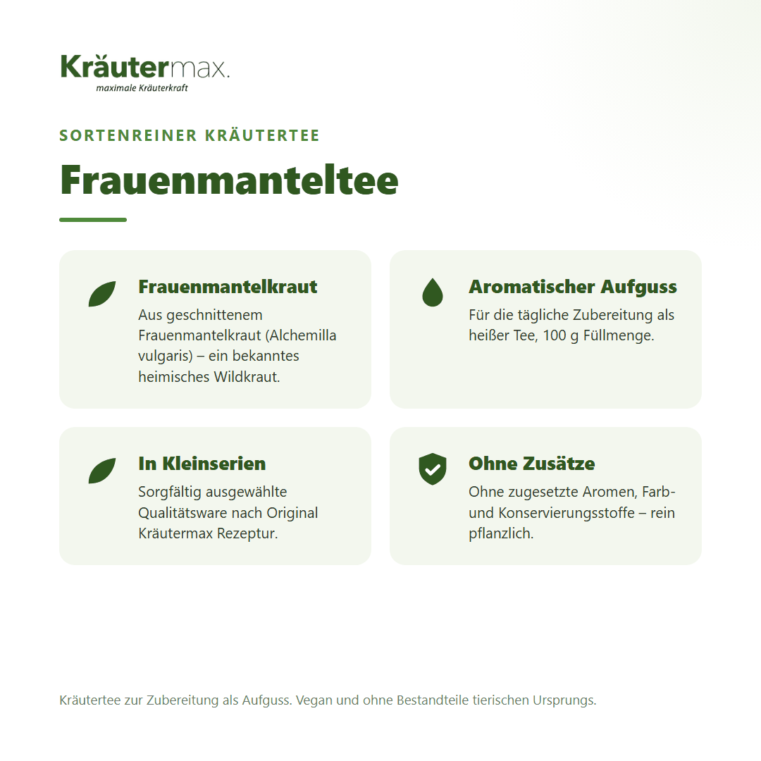 Frauenmanteltee von Kräutermax – sortenreiner Kräutertee aus geschnittenem Frauenmantelkraut (Alchemilla vulgaris), 100 g