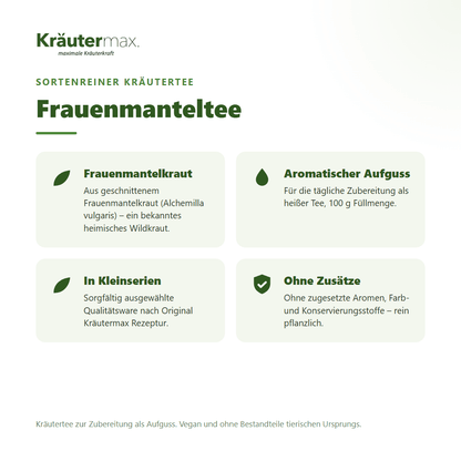 Frauenmanteltee von Kräutermax – sortenreiner Kräutertee aus geschnittenem Frauenmantelkraut (Alchemilla vulgaris), 100 g