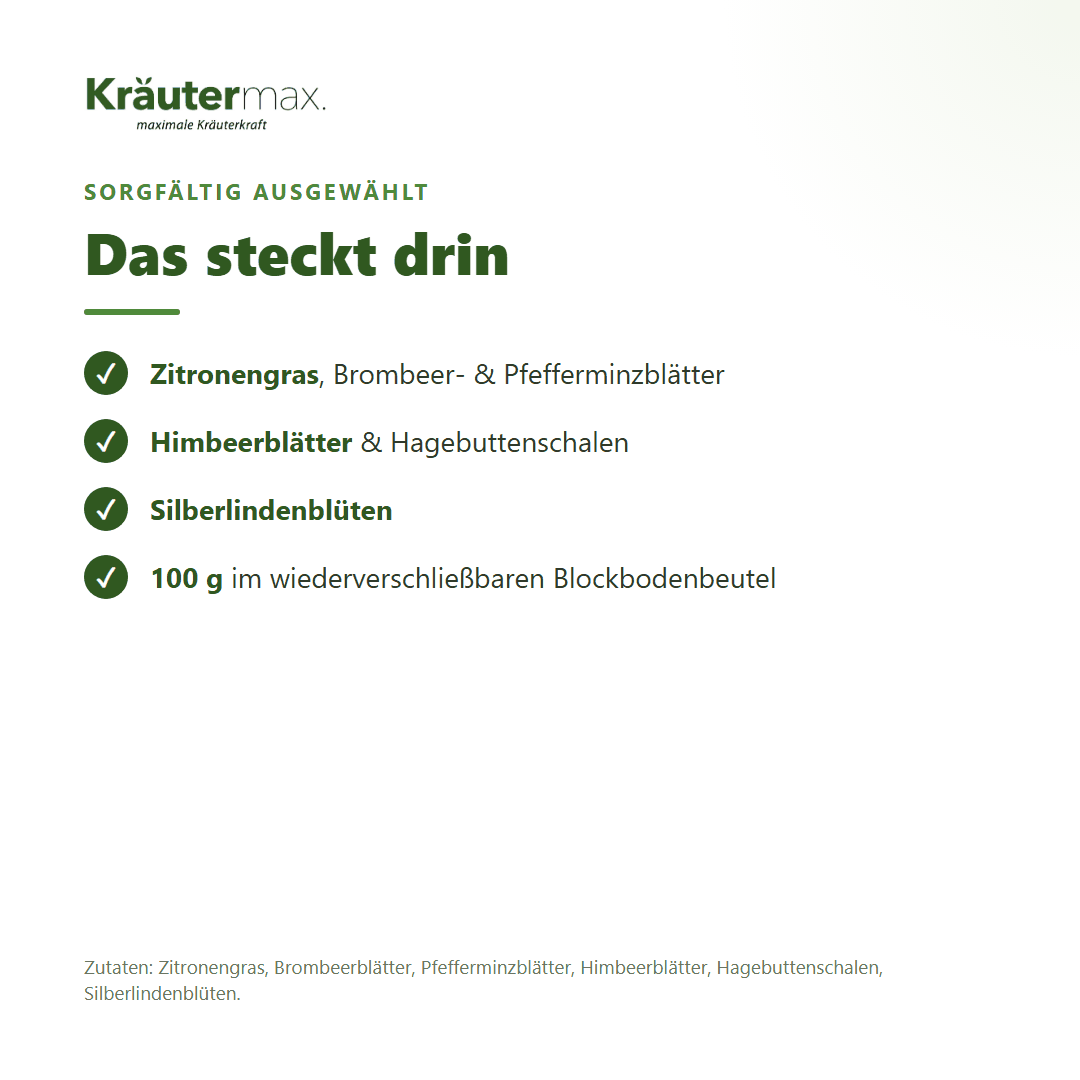 Zutaten des Frühstückstees: Zitronengras, Brombeerblätter, Pfefferminzblätter, Himbeerblätter, Hagebuttenschalen, Silberlindenblüten