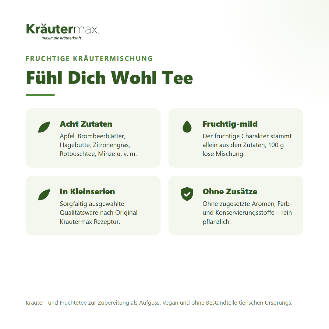 Fühl Dich Wohl Tee von Kräutermax – fruchtig-milde Kräutermischung mit Apfel, Hagebutte, Rotbuschtee und Zitronengras, 100 g