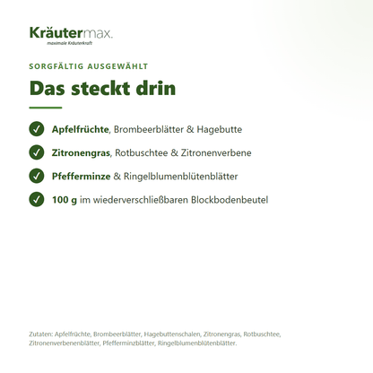 Zutaten des Fühl Dich Wohl Tees: Apfel, Brombeerblätter, Hagebutte, Zitronengras, Rotbuschtee, Zitronenverbene, Pfefferminze, Ringelblume
