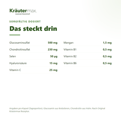 Gelenkaktiv Kapseln – 500 mg Glucosaminsulfat, 230 mg Chondroitinsulfat, Hyaluronsäure, Selen und Mangan pro Kapsel | Kräutermax