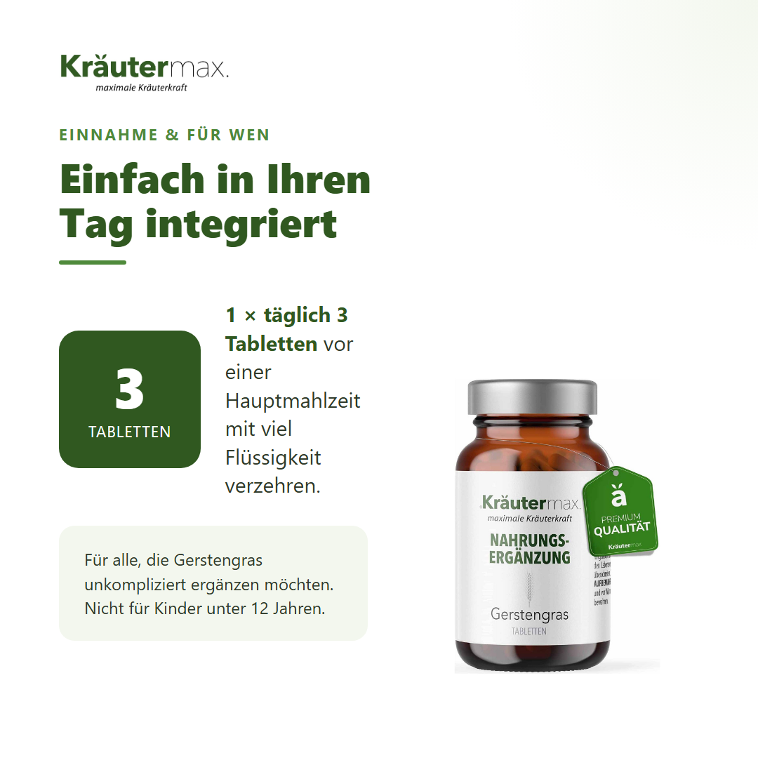 Gerstengras Tabletten – Einnahme: 3 Tabletten täglich vor einer Hauptmahlzeit | Kräutermax