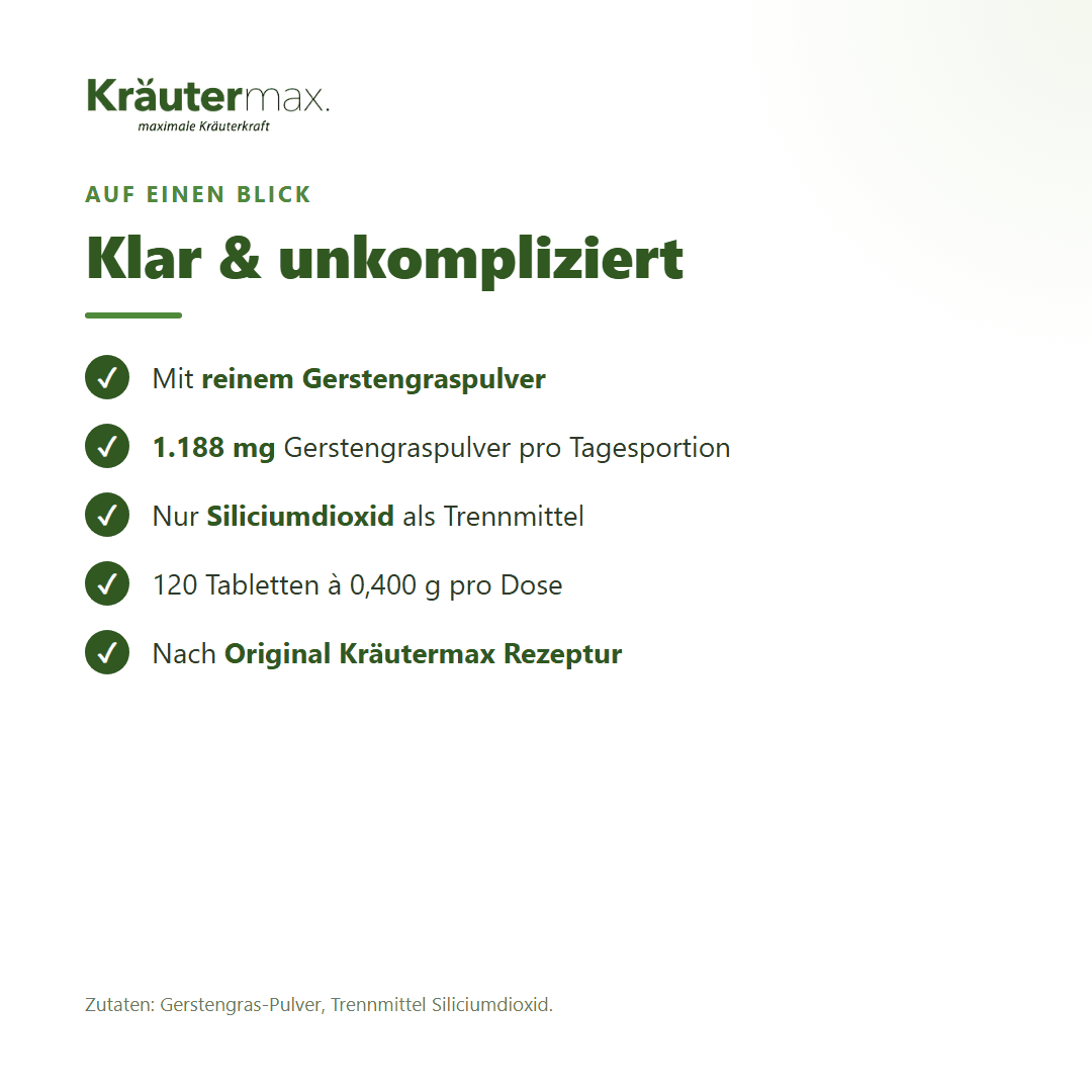Gerstengras Tabletten – 1.188 mg Gerstengraspulver pro Tagesportion, nur Siliciumdioxid als Trennmittel | Kräutermax