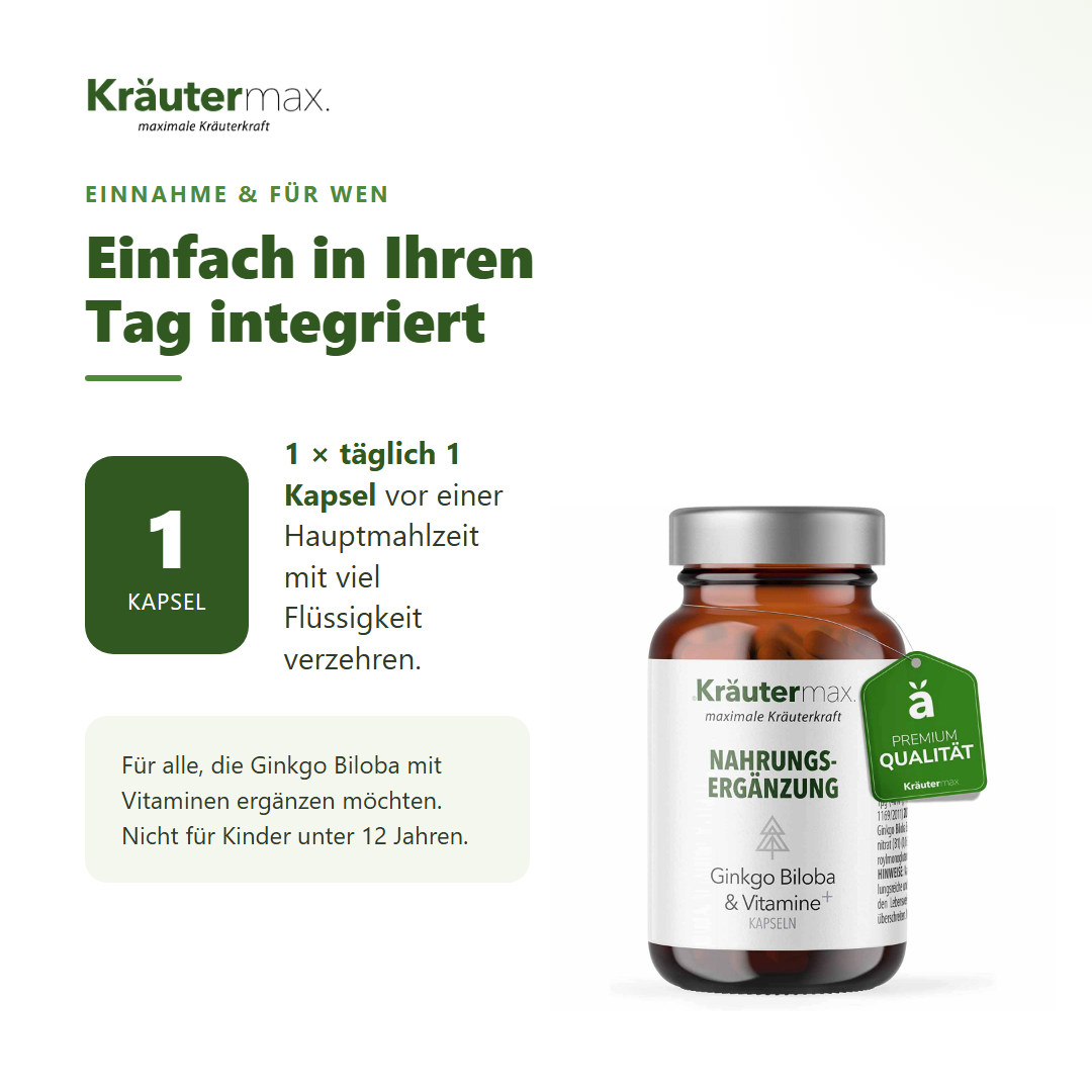 Ginkgo Biloba Kapseln – Einnahme: 1 Kapsel täglich vor einer Hauptmahlzeit | Kräutermax