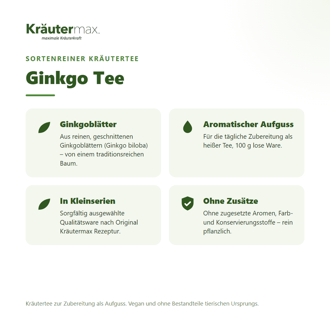 Ginkgo Tee von Kräutermax – sortenreiner Kräutertee aus reinen, geschnittenen Ginkgoblättern (Ginkgo biloba), 100 g