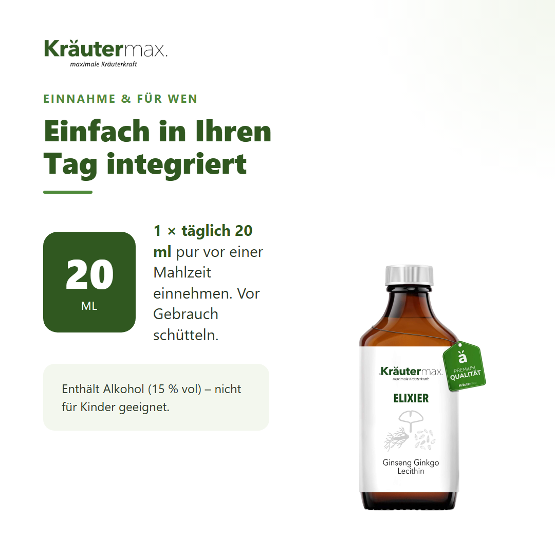 Ginseng Ginkgo Lecithin Elixier – Einnahme: 1 mal täglich 20 ml pur vor einer Mahlzeit | Kräutermax
