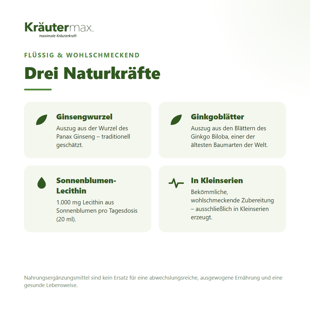Ginseng Ginkgo Lecithin Elixier – mit Ginsengwurzel, Ginkgoblättern und Sonnenblumen-Lecithin | Kräutermax