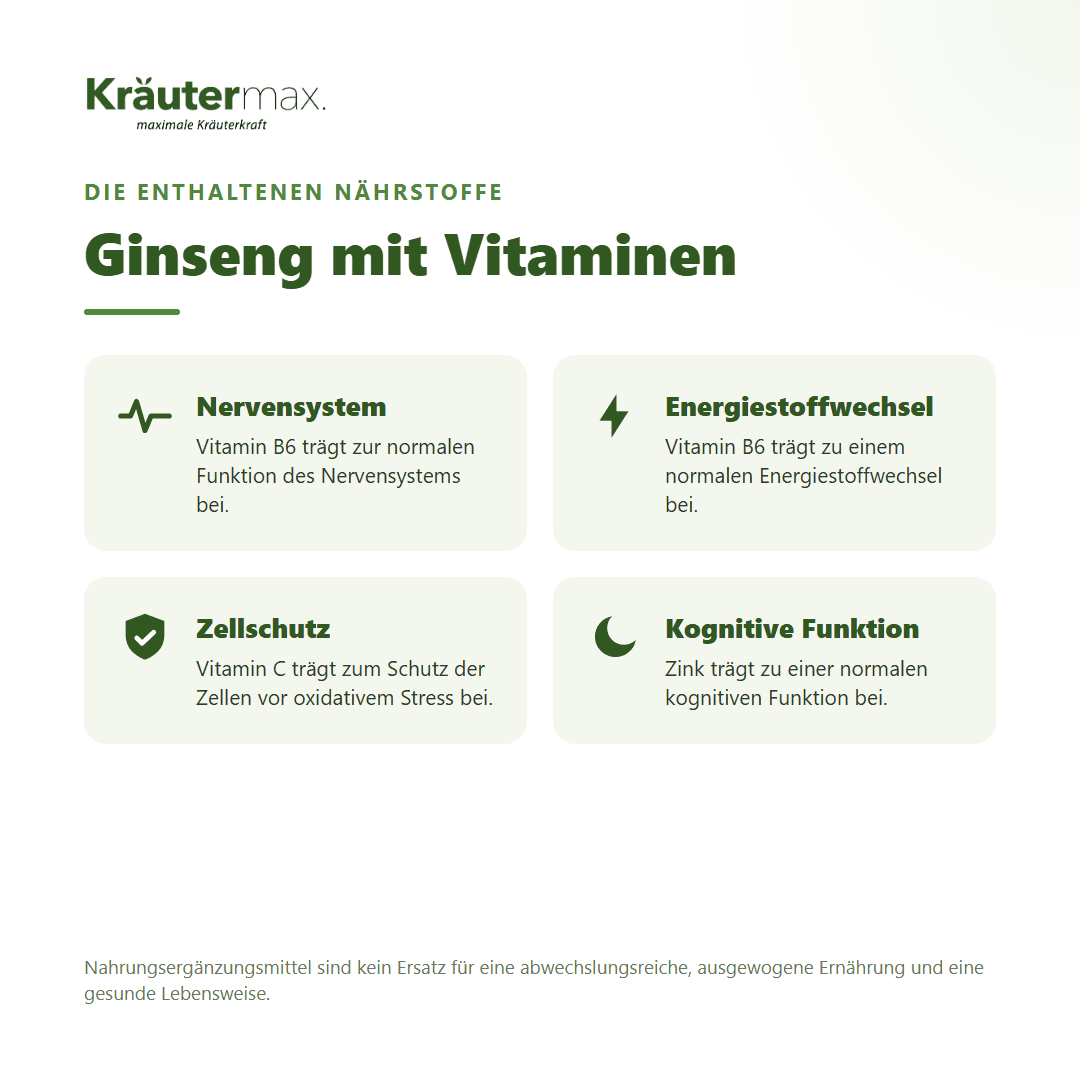 Ginseng und Lecithin+ Kapseln – mit Vitamin B6, C und Zink für Nervensystem, Energie, Zellschutz und kognitive Funktion | Kräutermax