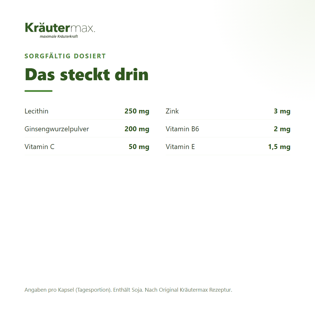 Ginseng und Lecithin+ Kapseln – 250 mg Lecithin, 200 mg Ginsengwurzelpulver mit Vitamin C, B6, E und Zink pro Kapsel | Kräutermax