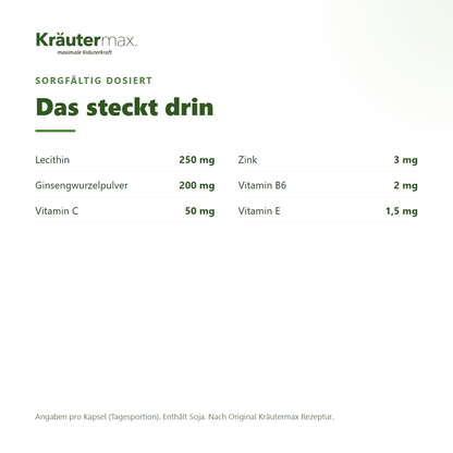 Ginseng und Lecithin+ Kapseln – 250 mg Lecithin, 200 mg Ginsengwurzelpulver mit Vitamin C, B6, E und Zink pro Kapsel | Kräutermax