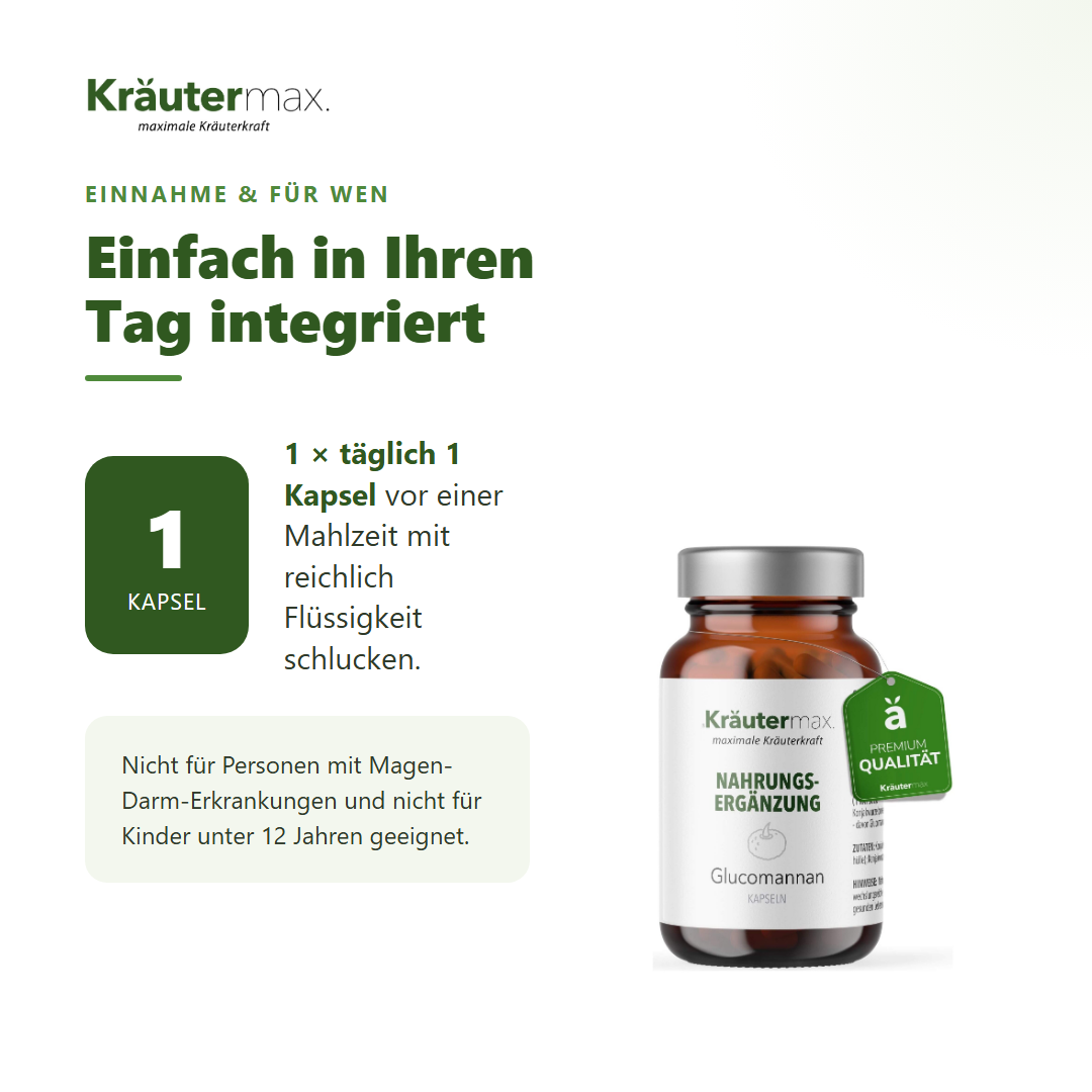 Glucomannan Konjakwurzel Kapseln – Einnahme: 1 Kapsel täglich vor einer Mahlzeit mit reichlich Flüssigkeit | Kräutermax