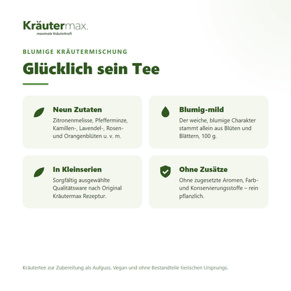 Glücklich sein Tee von Kräutermax – blumig-milde Kräutermischung mit Zitronenmelisse, Kamillen- und Lavendelblüten, 100 g