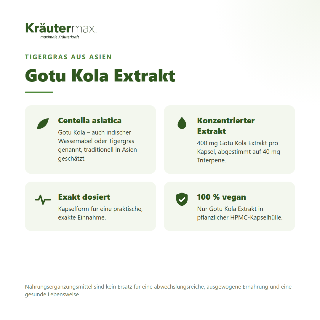 Gotu Kola Kapseln – Extrakt aus Centella asiatica (Tigergras), rein pflanzlich | Kräutermax
