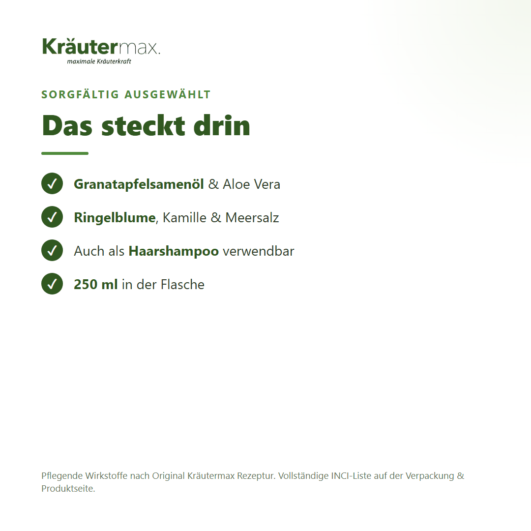 Granatapfel Duschgel – Inhaltsstoffe: Granatapfelsamenöl, Aloe Vera, Ringelblume, Kamille, Meersalz, 250 ml Flasche