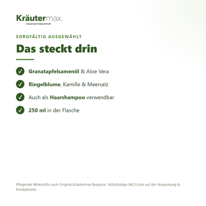 Granatapfel Duschgel – Inhaltsstoffe: Granatapfelsamenöl, Aloe Vera, Ringelblume, Kamille, Meersalz, 250 ml Flasche