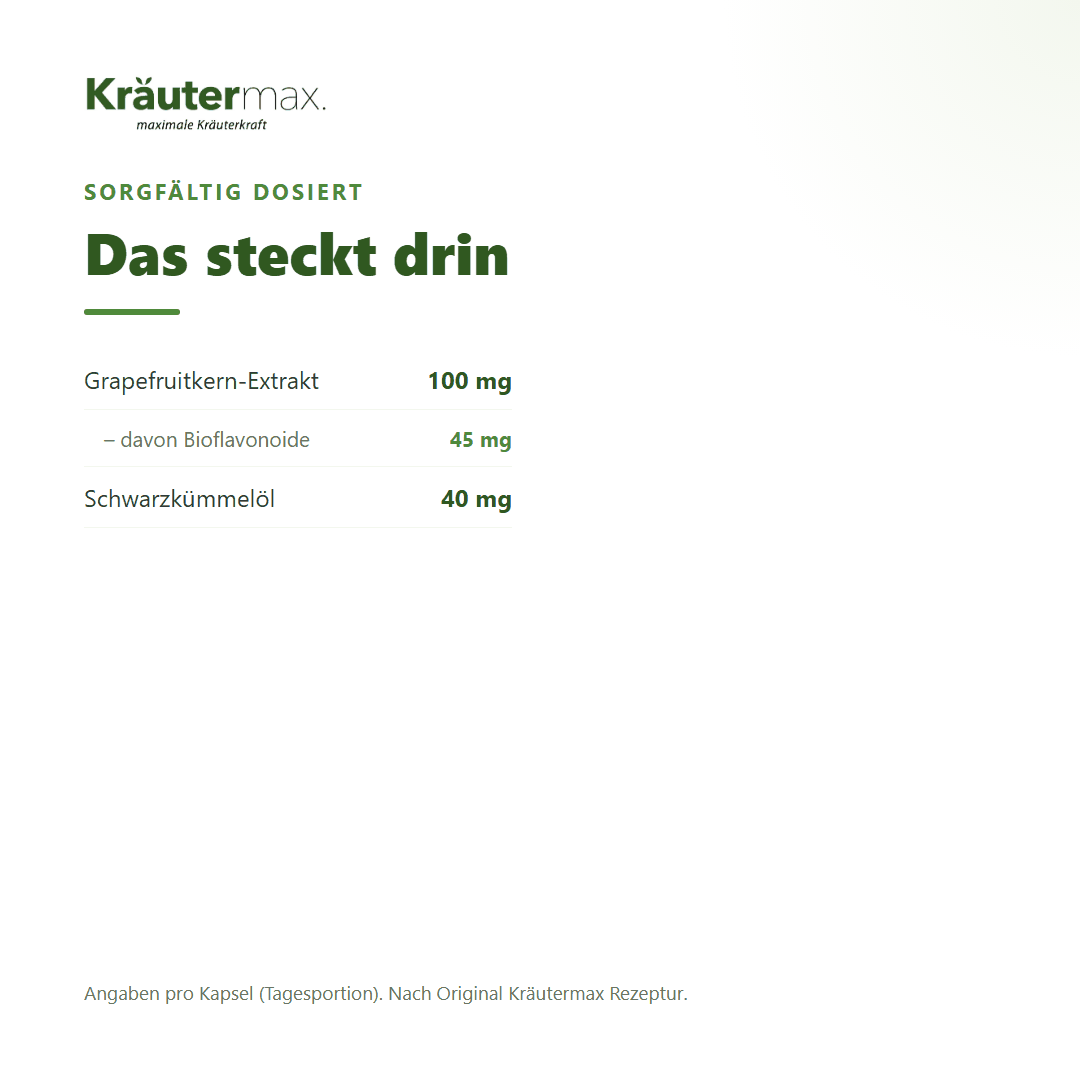Grapefruitkern Extrakt Kapseln – 100 mg Grapefruitkern-Extrakt (davon 45 mg Bioflavonoide) und 40 mg Schwarzkümmelöl pro Kapsel | Kräutermax