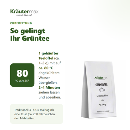 Zubereitung des Grüner Tee Sencha: mit ca. 80 °C heißem Wasser übergießen, nur 2 bis 4 Minuten ziehen lassen und abseihen