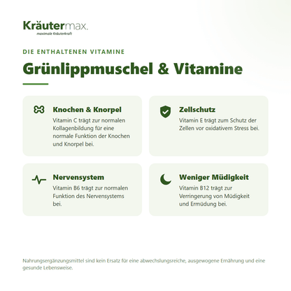 Grünlippmuschel Kapseln – mit Vitamin C, E, B6 und B12 für Knochen, Knorpel, Zellschutz und Nervensystem | Kräutermax