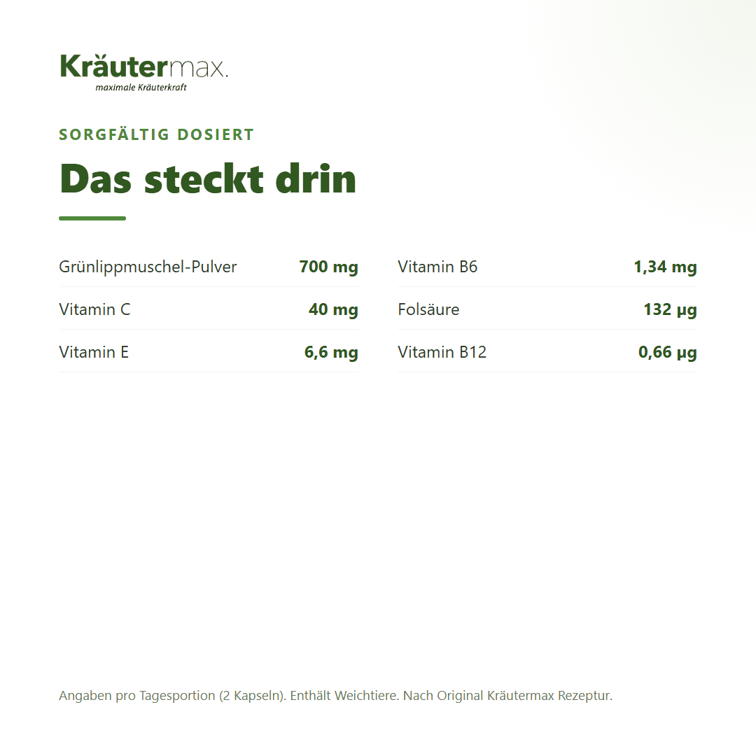 Grünlippmuschel Kapseln – 700 mg Grünlippmuschel-Pulver mit Vitamin C, E, B6, Folsäure und B12 pro Tagesportion | Kräutermax