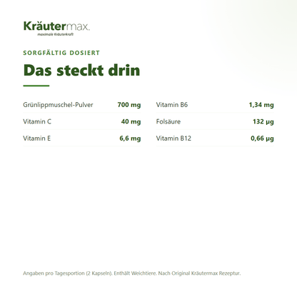Grünlippmuschel Kapseln – 700 mg Grünlippmuschel-Pulver mit Vitamin C, E, B6, Folsäure und B12 pro Tagesportion | Kräutermax
