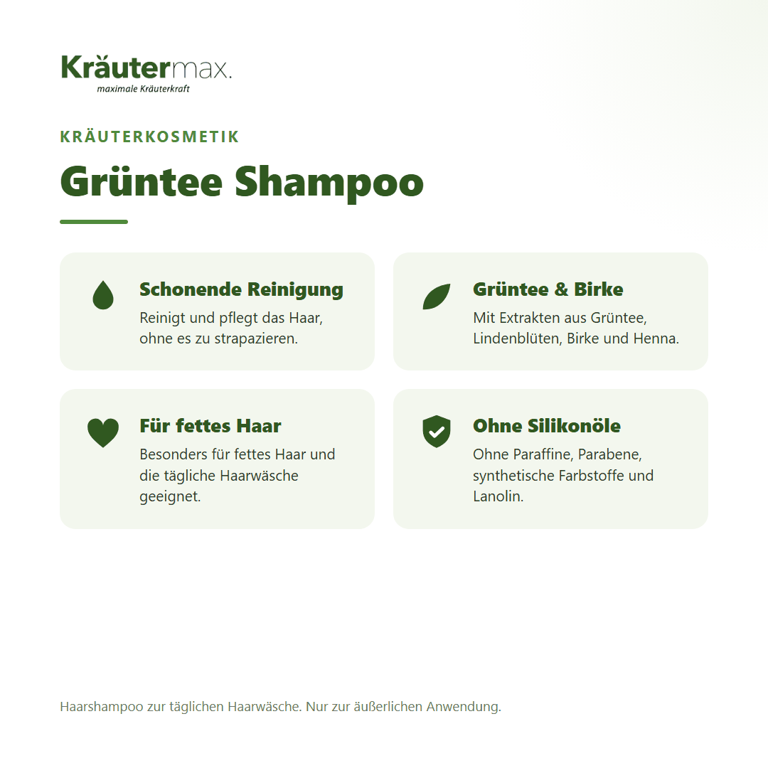 Grüntee Shampoo 250 ml von Kräutermax – Überblick: schonende Reinigung mit Grüntee und Birke für fettes Haar
