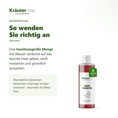 Grüntee Shampoo – Anwendung: haselnussgroße Menge auf feuchtes Haar, massieren, ausspülen