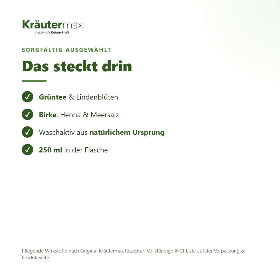 Grüntee Shampoo – Inhaltsstoffe: Grüntee, Lindenblüten, Birke, Henna, Meersalz, 250 ml Flasche
