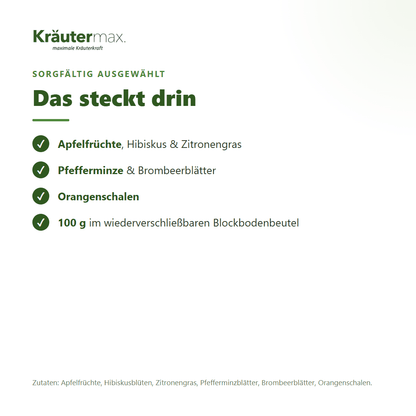 Zutaten des Guten Morgen Tees: Apfelfrüchte, Hibiskusblüten, Zitronengras, Pfefferminzblätter, Brombeerblätter, Orangenschalen