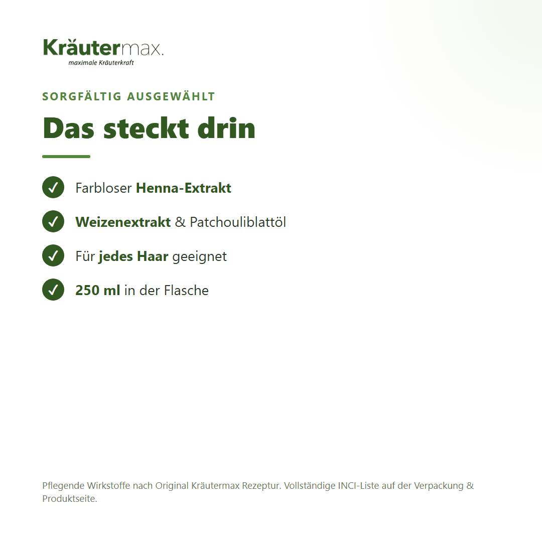 Haar Balsam Sensitive – Inhaltsstoffe: farbloser Henna-Extrakt, Weizenextrakt, Patchouliblattöl, 250 ml Flasche