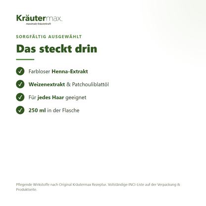 Haar Balsam Sensitive – Inhaltsstoffe: farbloser Henna-Extrakt, Weizenextrakt, Patchouliblattöl, 250 ml Flasche