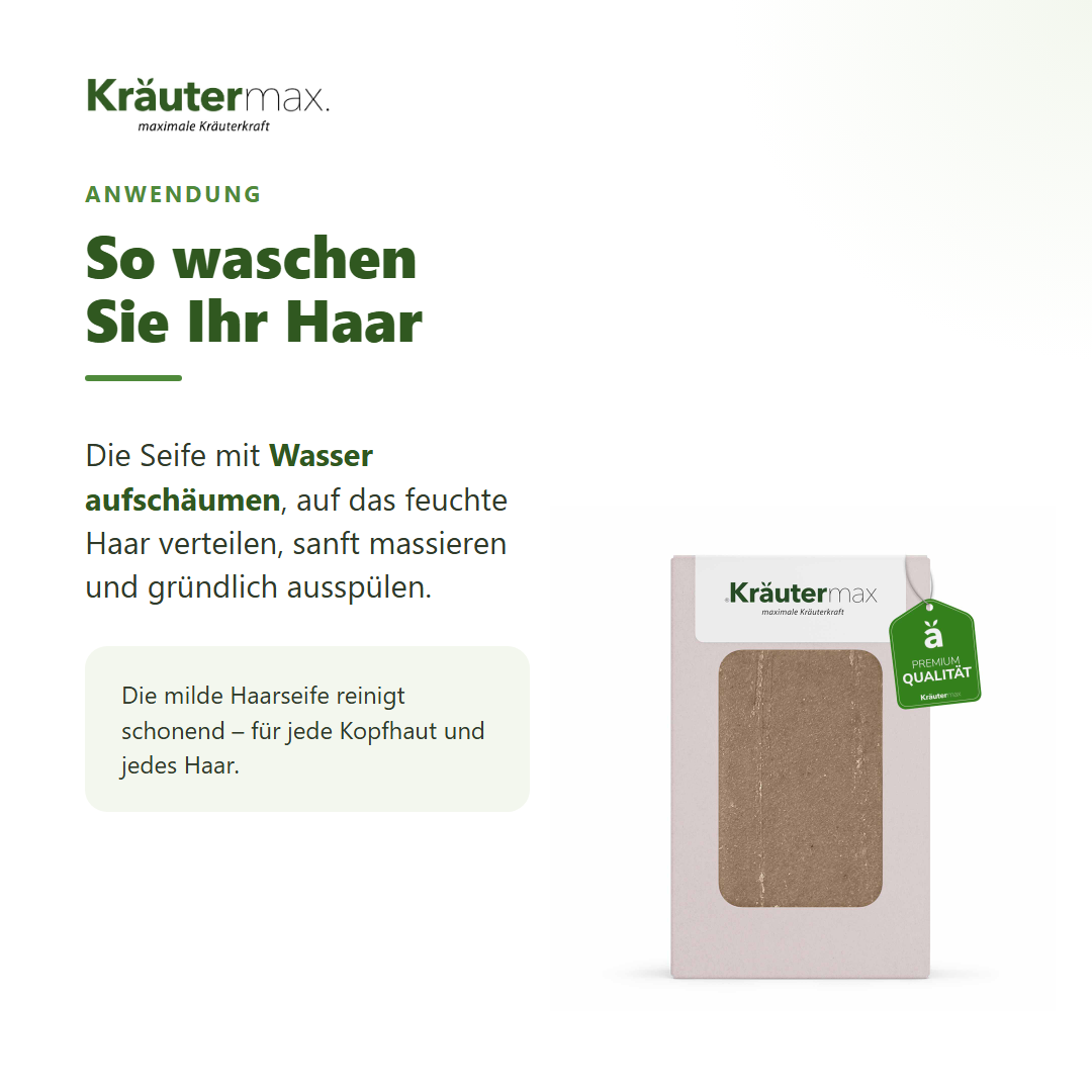 Haar Seife Ringelblume – Anwendung: mit Wasser aufschäumen, auf feuchtes Haar, massieren, ausspülen