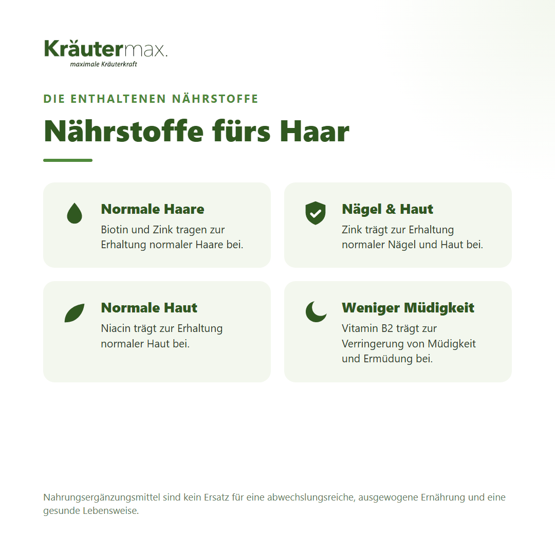 Haare plus Kapseln – mit Biotin, Zink und Niacin für normale Haare, Nägel und Haut | Kräutermax