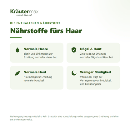 Haare plus Kapseln – mit Biotin, Zink und Niacin für normale Haare, Nägel und Haut | Kräutermax