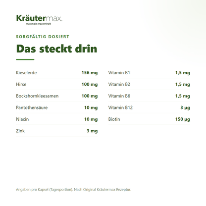 Haare plus Kapseln – Kieselerde, Hirse, Bockshornkleesamen mit Biotin, Zink und B-Vitaminen pro Kapsel | Kräutermax