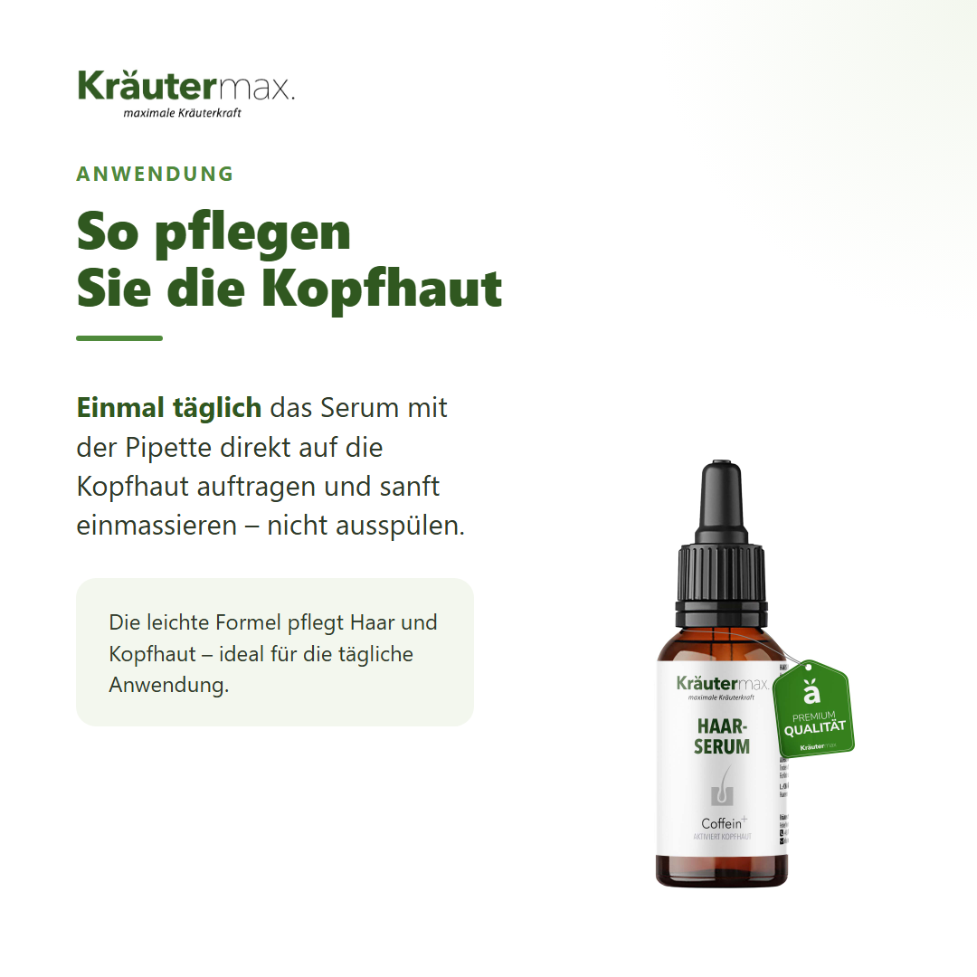 Haarserum Coffein+ – Anwendung: einmal täglich mit der Pipette auf die Kopfhaut auftragen und einmassieren