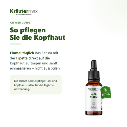 Haarserum Coffein+ – Anwendung: einmal täglich mit der Pipette auf die Kopfhaut auftragen und einmassieren