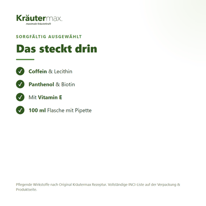 Haarserum Coffein+ – Inhaltsstoffe: Coffein, Lecithin, Panthenol, Biotin, Vitamin E, 100 ml Flasche mit Pipette