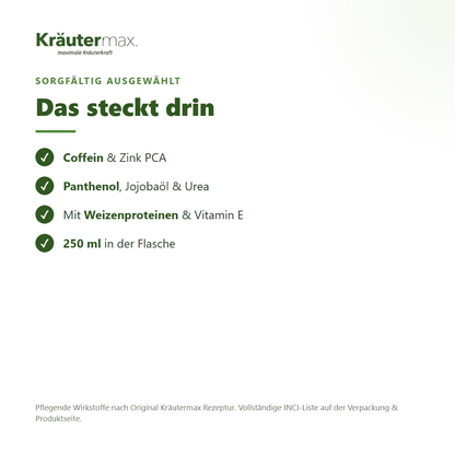 Haarshampoo Coffein+ – Inhaltsstoffe: Coffein, Zink PCA, Panthenol, Jojobaöl, Weizenproteine, Vitamin E, 250 ml Flasche