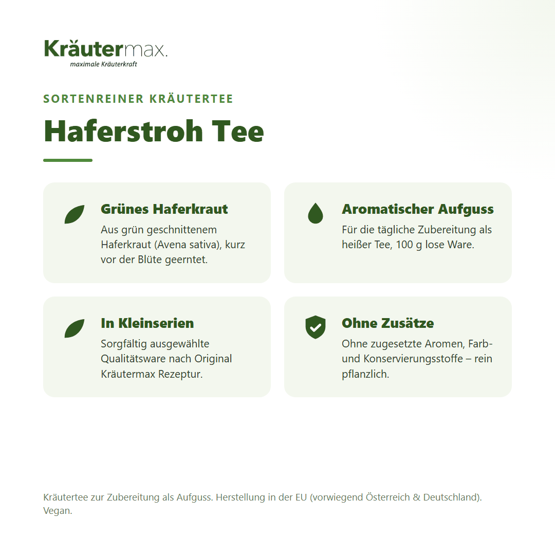 Haferstroh Tee von Kräutermax – sortenreiner Kräutertee aus grün geschnittenem Haferkraut (Avena sativa), 100 g